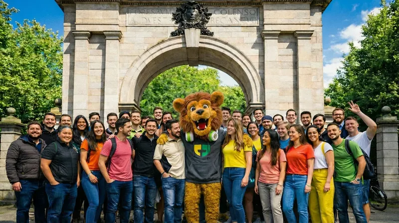ULearn students with Leon the mascot at St Stephen's Green, Dublin